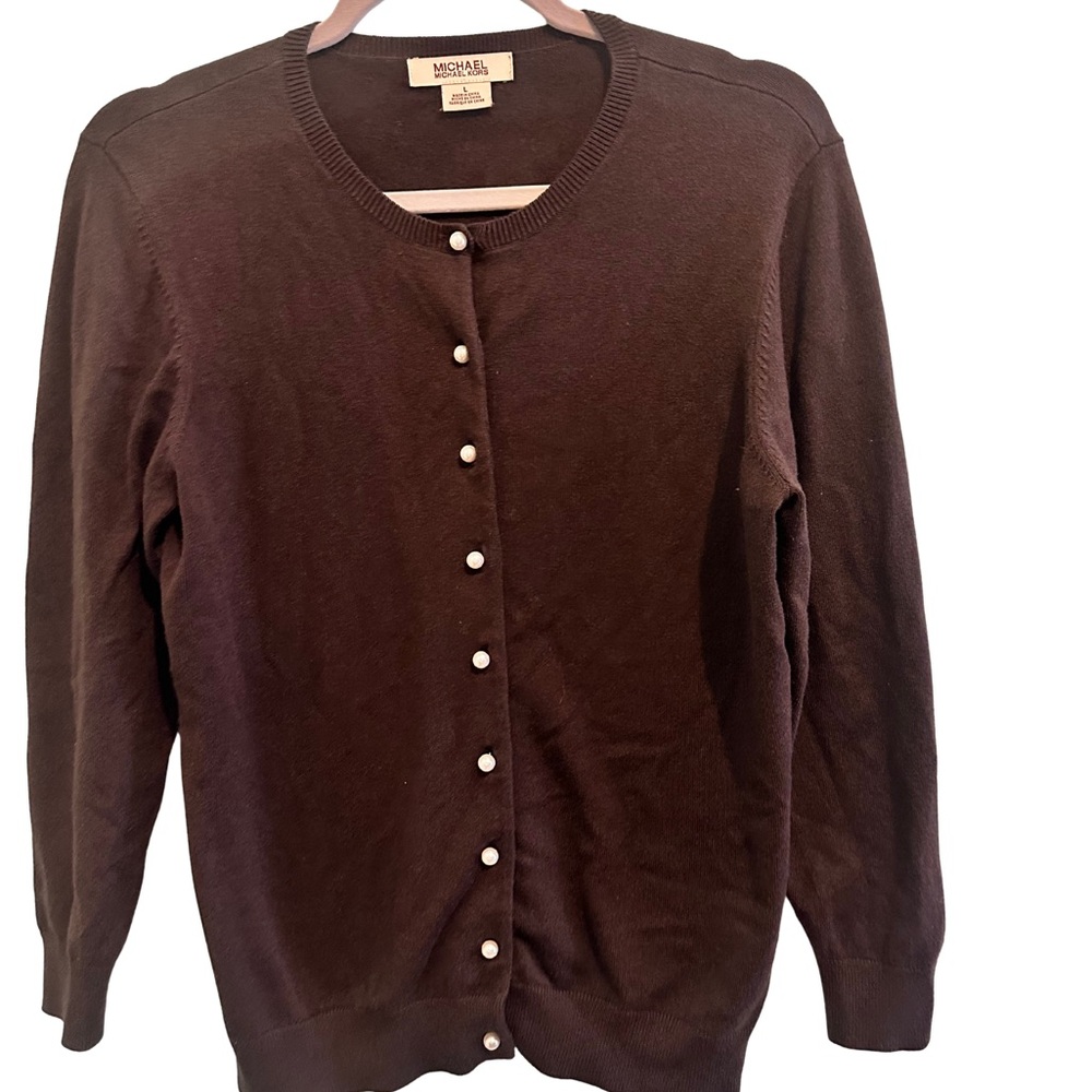 Michael Kors Dark Brown Silk-blend Cardigan with Faix Pearl Buttons